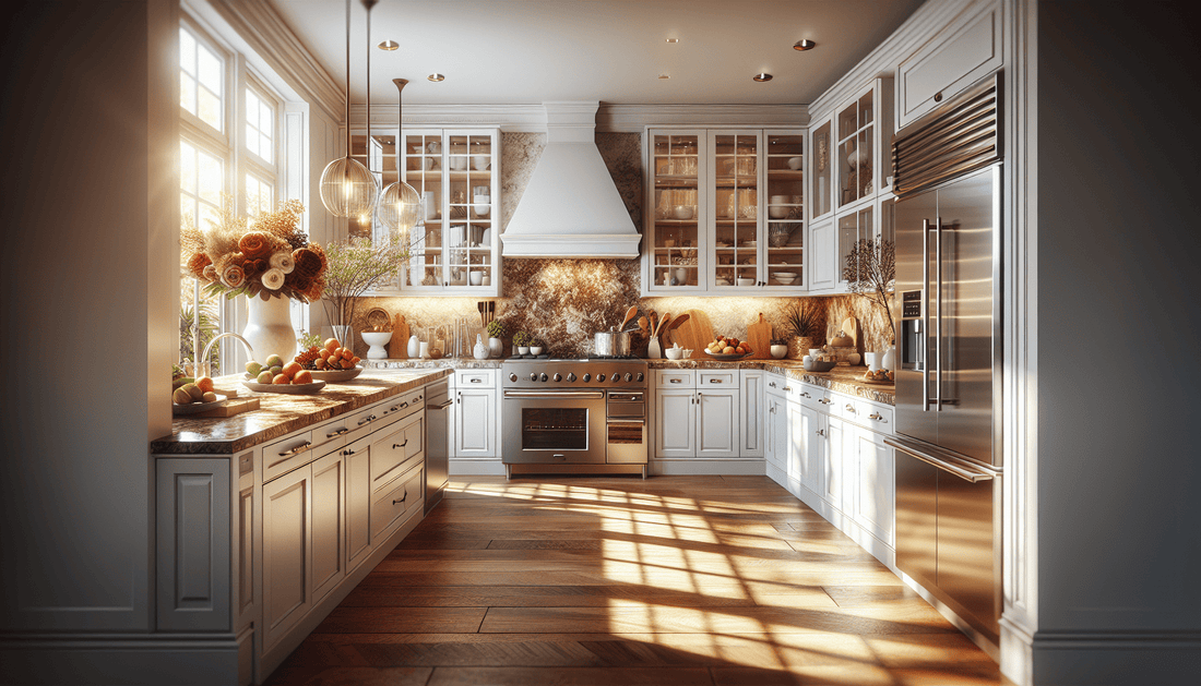 Elegant White Cabinets Pair Perfectly with Brown Granite Countertops - Z Boutique by Marble Couture